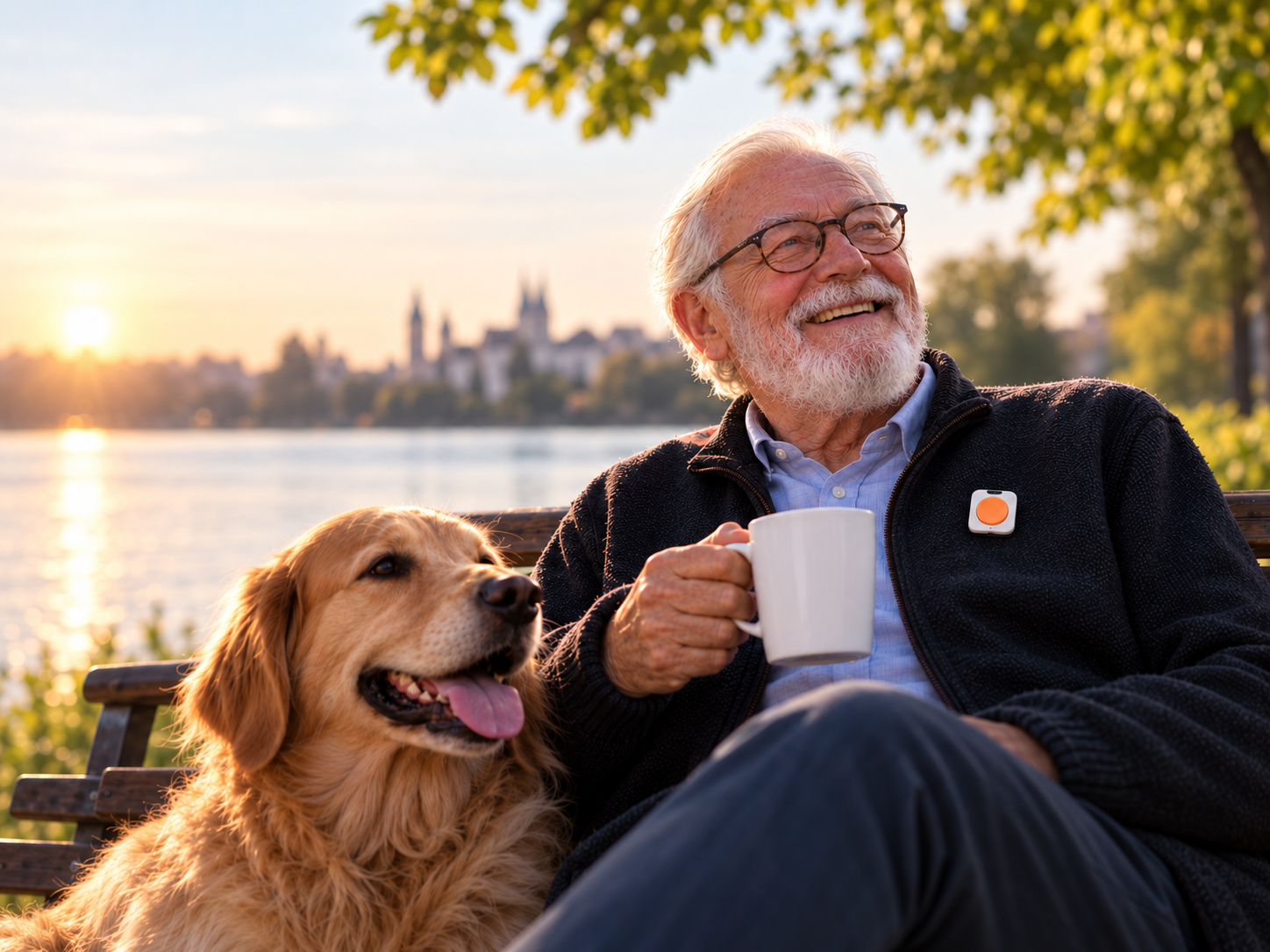 Illustrative scene of an older adult enjoying a drink beside a dog on a lakeside bench.