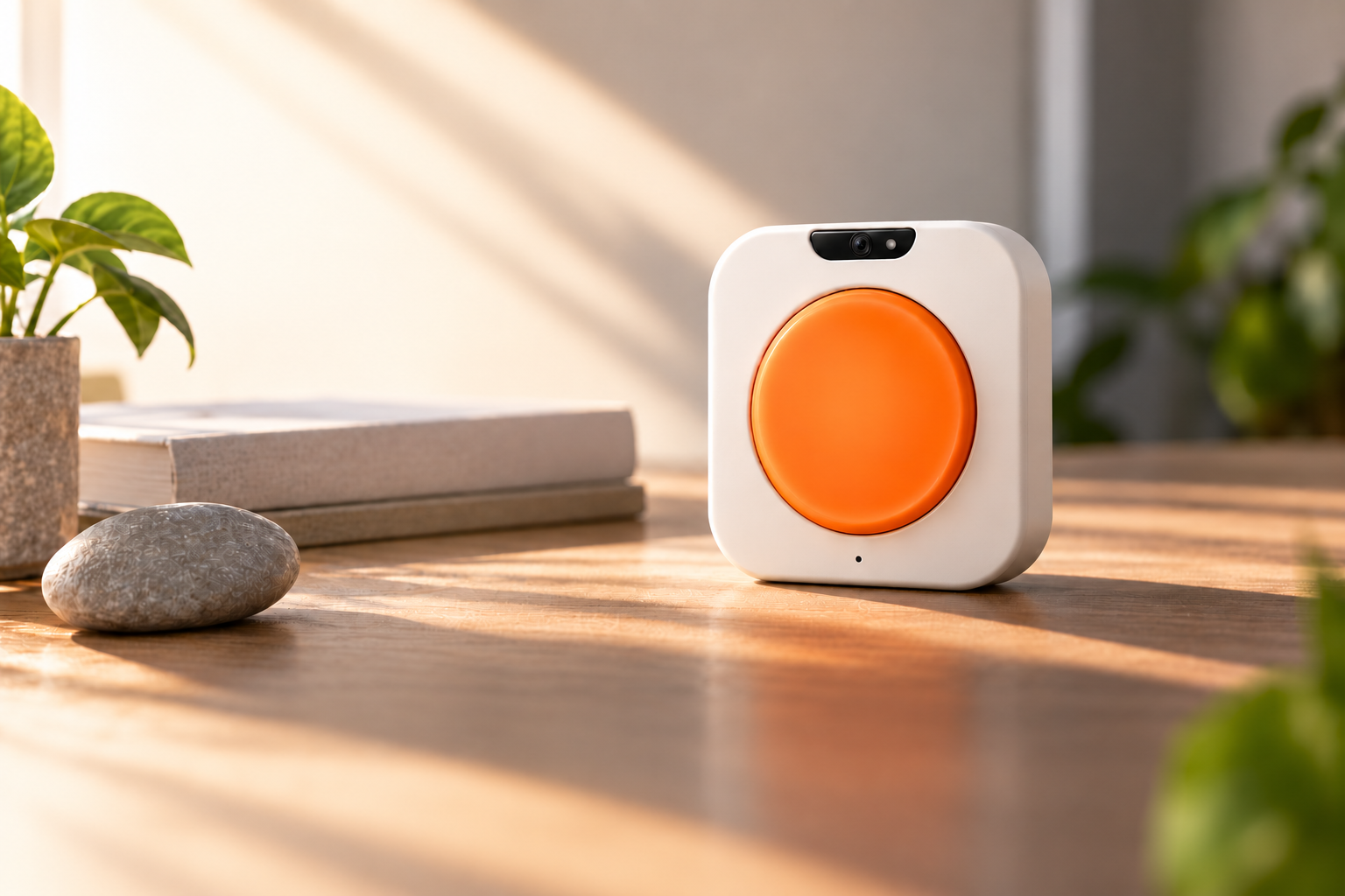 The MEMENTO enclosure shown among books and plants: a clear orange front button, small sensor area and understated status indicator.